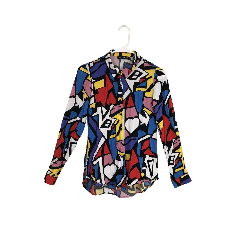 Y2K Big Dart Button-Up Blouse Colorful Abstract Print Long Sleeve Size 8 Womens